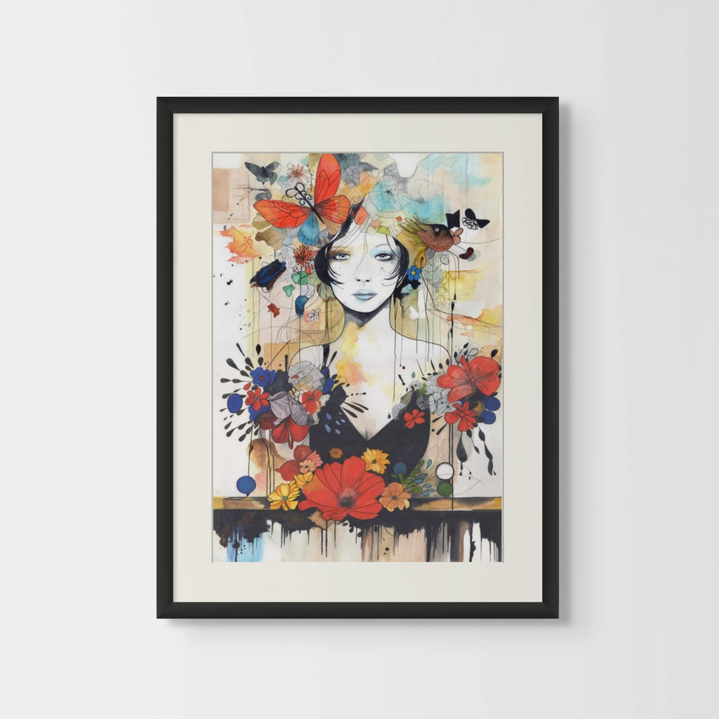 Framed artwork of a contemporay art nouveau woman surrounded by flowers and butterflies on a white background