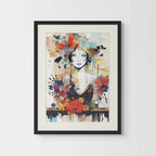 Framed artwork of a contemporay art nouveau woman surrounded by flowers and butterflies on a white background